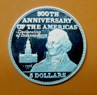 Bahamas : Silver Proof $5.  1991.  500th Anniversary Declaration Independence