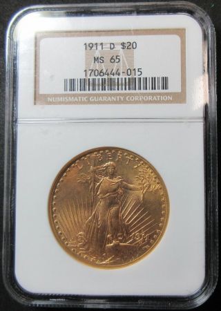 1911 - D $20 Saint Gaudens Gold Double Eagle Coin Ngc Ms65 - Scarce Gem