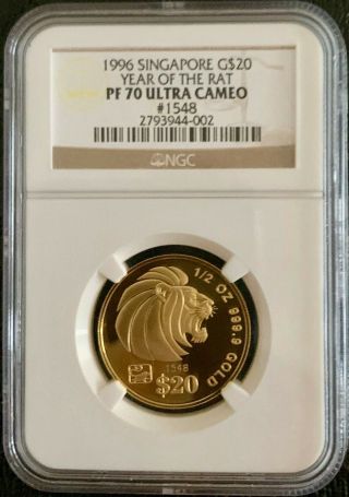 1996 Singapore Gold Lion Year Of The Rat $20 1/2 Oz Gold Ngc Pf70 Ultra Cameo