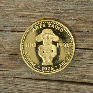 1975 Dominican Republic 100 Pesos Proof Coin, .  900 Gold,  Arte Taino