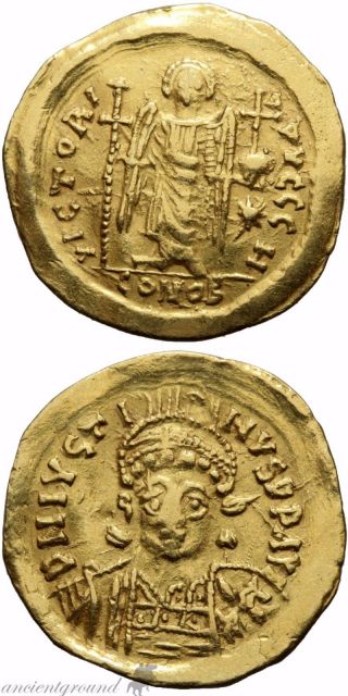 Byzantine Gold Solidus Coin Justin I Constantinople Victoria Avggg S 518 - 519 Ad