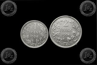Belgium Set 2 X Silver Coins 1904: 1,  2 Francs (leopold Ii - Dutch Text) Vf - Xf