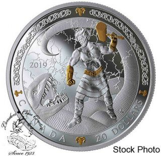 Canada 2019 $20 Norse Gods: Thor 1 Oz.  Pure Silver Gold - Plated Coin