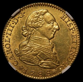 1788/78 M/pj Spain Charles Iii 2 Escudo Gold Coin - Ngc Au 55 - Double Overdate