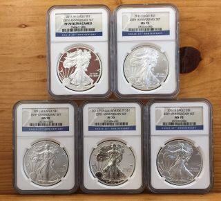 2011 P,  W,  S 25th Anniversary Silver Eagle 5 Coin Set Ngc Pf70,  Ms70