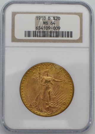 1910 - D Us Gold $20 Saint - Gaudens Double Eagle Coin Ngc Ms 64 M