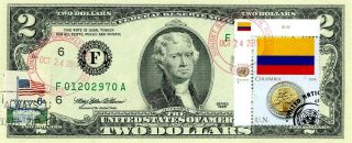 $2 Dollars 1995 Stamp Cancel Flag Of Un From Colombia Lucky Money Value $99.  95