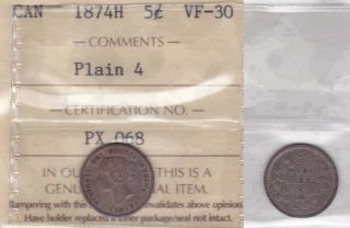 1874h Iccs Vf30 5 Cents Plain 4 (small Date) Canada Five Half Dime Silver Fishsc