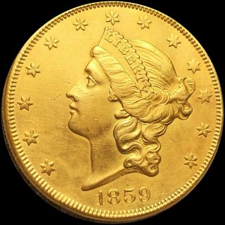 1859 Liberty $20 Double Eagle Gold Borders Unc Authentic Lustery Ms Bu Au Philly