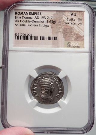 JULIA DOMNA 211 AD Luna Lucifera in Chariot.  Silver Roman Coin,  Certified NGC AU 3