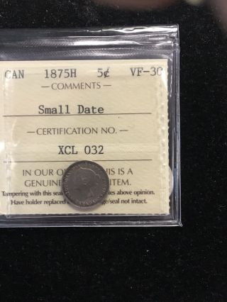 1875h (small Date) Canada Five Cents Iccs Vf,  Key Date Coin