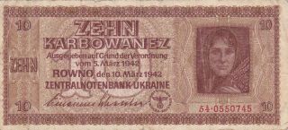 10 Karbowanez Fine Banknote From German Occupied Ukraine 1942 Pick - 52