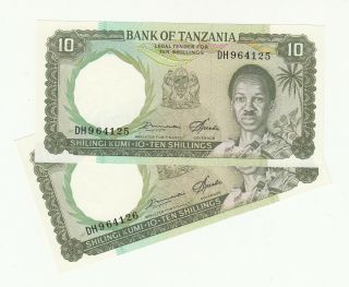 Tanzania 2x10 Shillings 1966 Unc P2e @
