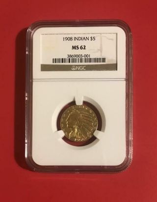 - 1908 - Ngc Ms62 $5 Gold Indian,  - 1st Year Issue,  8.  359grams.  900 Gold