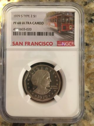 1979 S Ngc Pf68 Ultra Cameo Susan Anthony Type 2 $1 Trolley Label