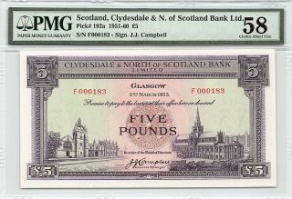 Scotland,  Clydesdale &.  N.  Of Scot.  1953 P - 192a Pmg Choice Au 5 Pounds S/n 183