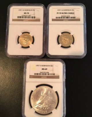 1997 3 - Coins Jackie Robinson 2: $5 Gold Pf - 70,  Ms - 70,  & $1 Silver Ms - 69