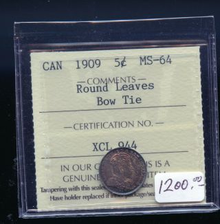 1909 Round Leaves Bow Tie Canada Silver 5 Cents Iccs Certified Ms64 B005
