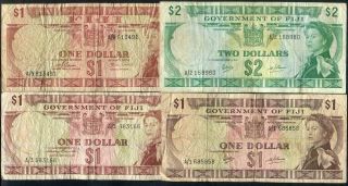 Fiji Queen Elizabeth Ii $1 X3 & $2 - 4 Banknote