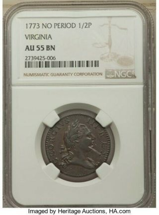 1773 Virginia Colonial Half Penny Coin W/o Period Ngc Au 55