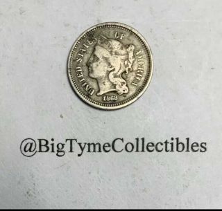 1868 3 Cent Nickel Fine/vf 90 Silver Coin
