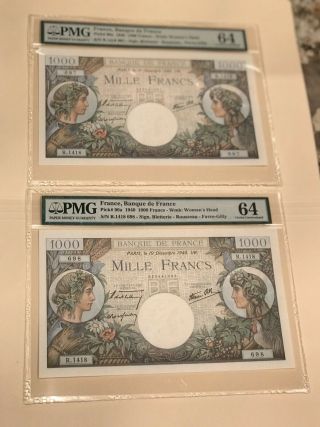 France French Running Pair 1000 Franc 1940 Pmg 64 Unc Pick 96 Signed Favre Gilly