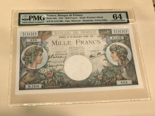 FRANCE FRENCH RUNNING PAIR 1000 FRANC 1940 PMG 64 UNC PIck 96 SIGNED FAVRE GILLY 5