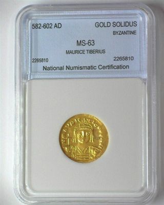 MAURICE TIBERIUS 582 - 602 AD.  GOLD SOLIDUS - BYZANTINE ERA - CHOICE UNCIRCULATED 2