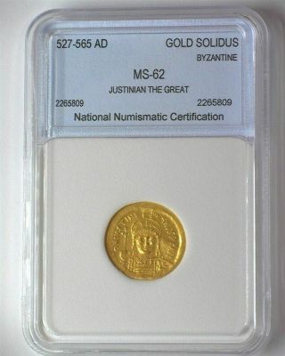 JUSTINIAN THE GREAT 527 - 565 AD.  GOLD SOLIDUS NEAR CHOICE UNCIRCULATED 2