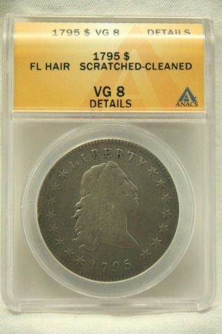 1795 Flowing Hair Silver Dollar $1 - Vg 8 Details Anacs Case