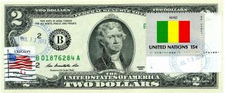 $2 Dollars 2013 Stamp Cancel Flag Un From Mali Lucky Money Value $99.  95
