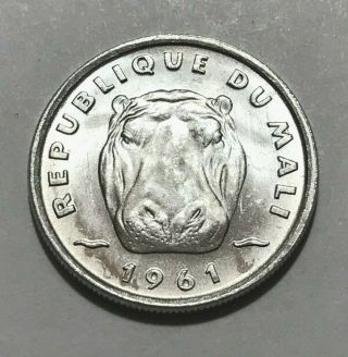 1961 Mali 5 Francs,  Hippopotamus,  Animal Wildlife Coin