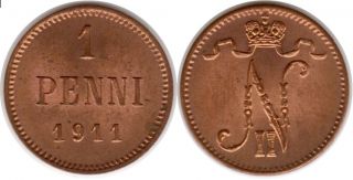 1 Penni 1911 Unc Finland / Russian Empire Km 13 Nicholas Ii