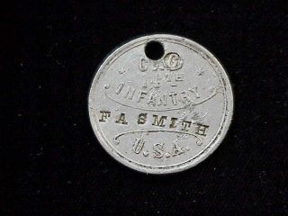Spanam War Id Tag Co G 14th Infantry Us Vols " F.  S.  Smith " Stamped Name Dog Tag