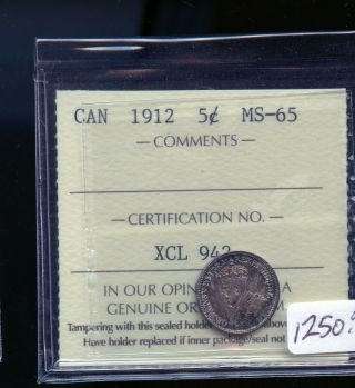 1912 Canada Silver 5 Cents Iccs Certified Ms65 B006