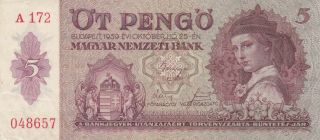 5 Pengo Extra Fine Banknote From Hungary 1939 Pick - 106