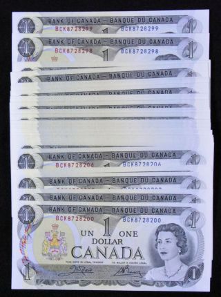 1973 Bank Of Canada Fresh 100 Consecutive Serial Numbers Bck8728200 - 28299 Unc