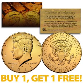 24k Gold Plated 2018 - P Jfk Kennedy Half Dollar Coin (p) Buy 1 Get 1