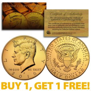 24K GOLD PLATED 2018 - P JFK Kennedy Half Dollar Coin (P) BUY 1 GET 1 2