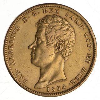 1834 Kingdom Of Sardinia Gold 100 Lire - Carlo Alberto 4097