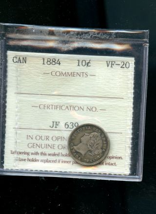 1884 Canada 10 Cents Iccs Certified Vf20 Key Date A593