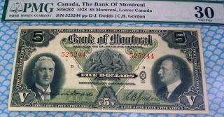 1938 $5 Bank Of Montreal $5 Pmg 30