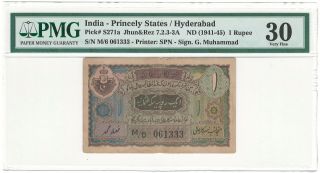 India Hyderabad 1 Rupee Nd (1941 - 45) P - S271a Jr 7.  2.  3 Ghulam Muhammad Pmg Vf 30