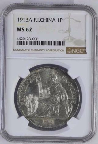 Indochine Coins: 1 Piastre Silver 90 1913 Ngc Ms - 62_ldp Shop.