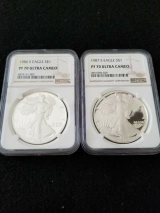 1986 - S And 1987 - S Proof American Silver Eagles Ngc Pf70 Ultra Cameo Brown Labels