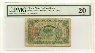 China Fu - Tien Bank 20 Cents 1933 Pmg Vf 20