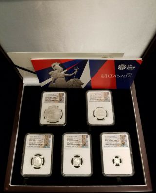 2016 Great Britain British 5 Coin Silver Britannia Proof Set Ngc Pf70uc 1 Of 250