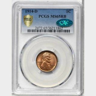 Cac 1914 D Lincoln Wheat Cent Penny Pcgs Certified Ms 65 State Rb (022)