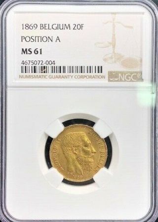 1869 20 Francs Gold Belgium Leopold Ii " Position A " Ngc Ms61 6.  4516g