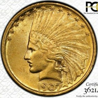 1907 $10 No Motto Gold Indian Head Eagle Pcgs Ms62